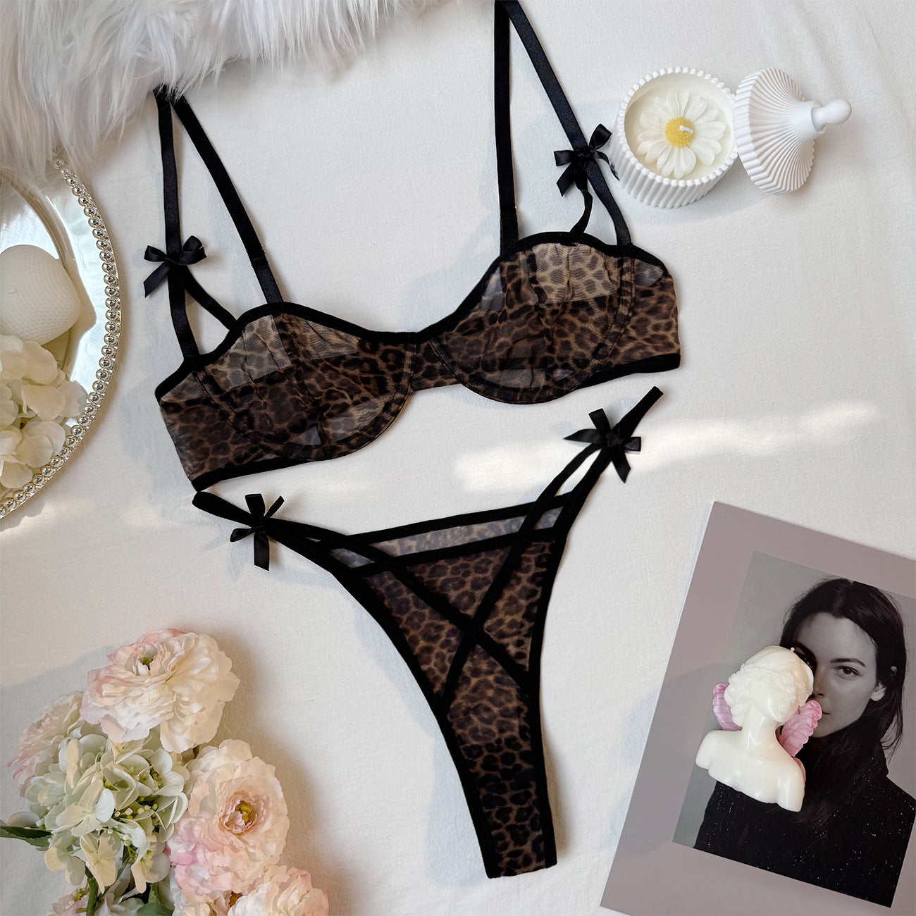 Sexy Lingerie Set - Leopard Print Erotic French Bra Ultra-thin Mesh Underwear