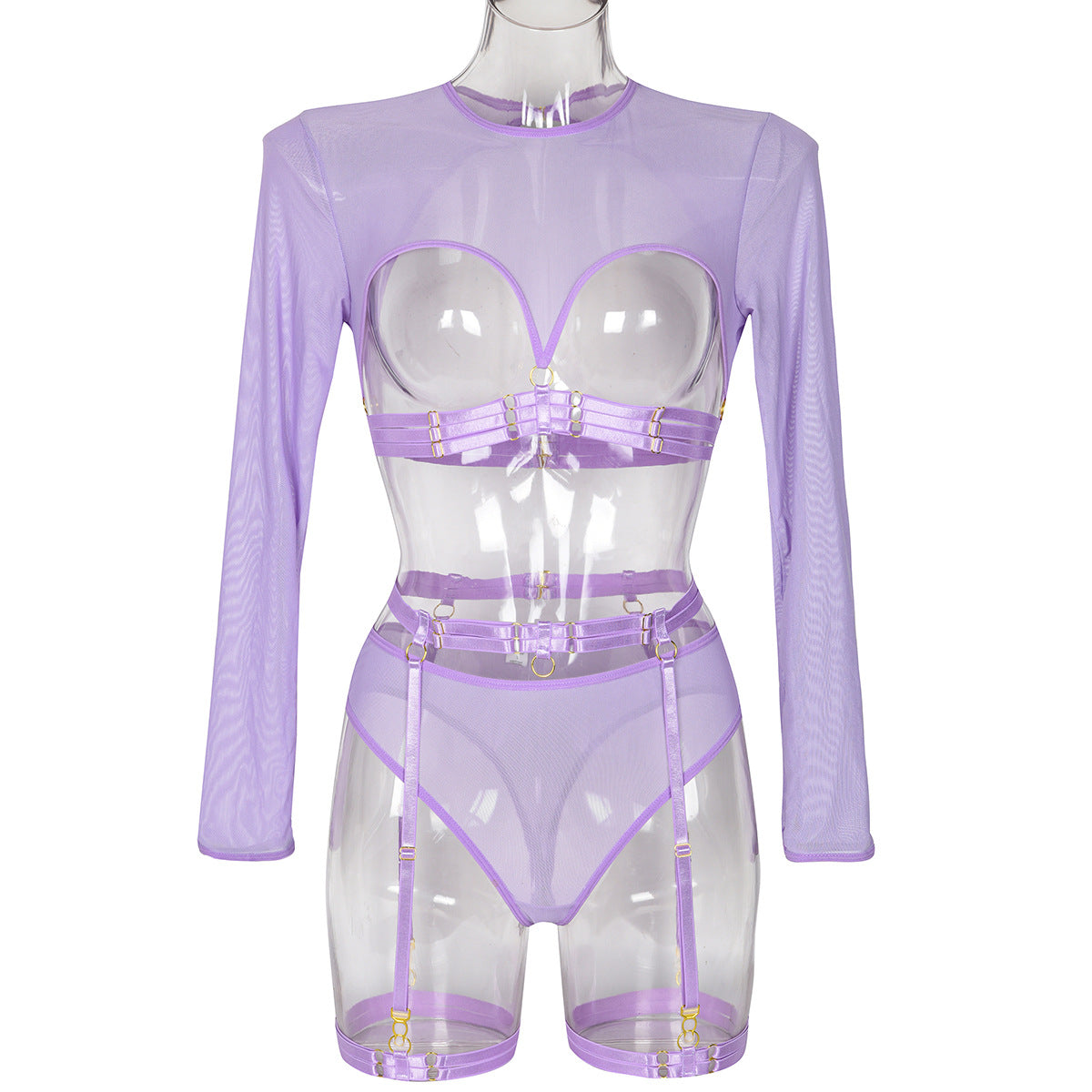 Sheer Mesh Patchwork Strap Heavy Craft Complex Three-Piece Lingerie Set