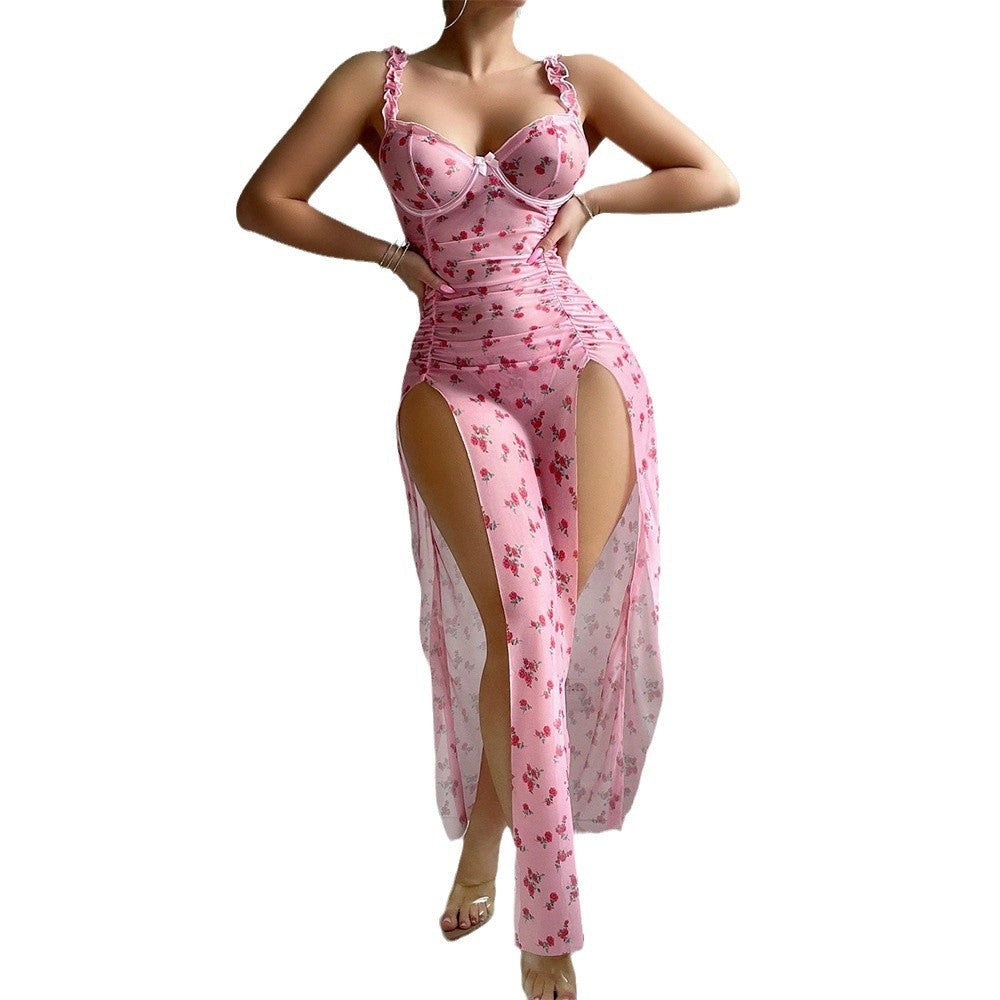 Sexy Lingerie Pink Valentine's Day Long Dress and Thong Two-Piece Set Uniform Temptation for Women