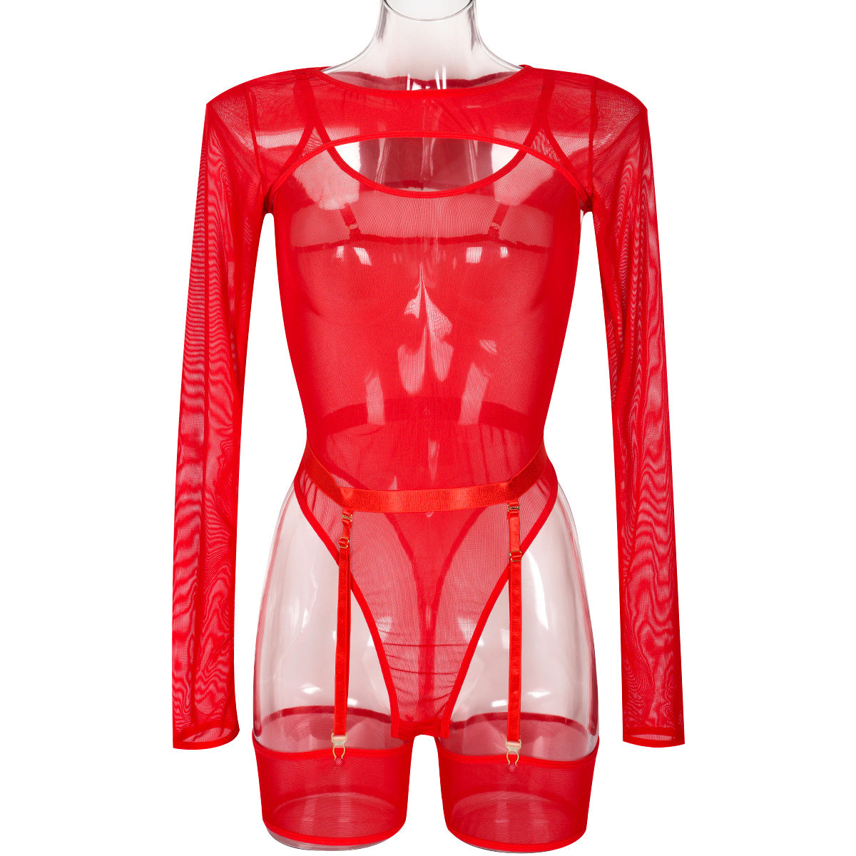 Elastic Mesh See-Through Color Block Outerwear Long Sleeve with Strap Jumpsuit Lingerie Three-Piece Set