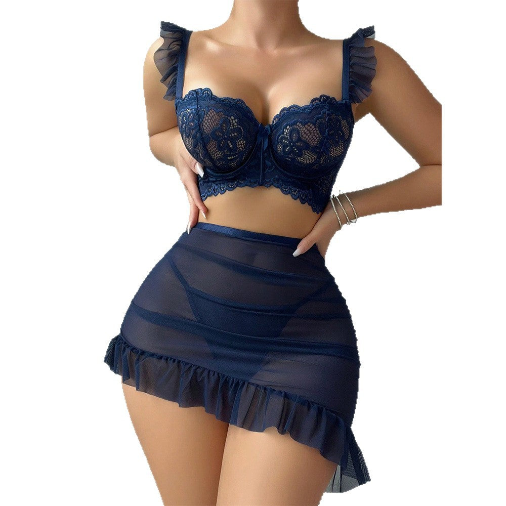 Style Lingerie Set - Lace Transparent Bra, Mini Skirt, and Thong Three-Piece Passionate Uniform