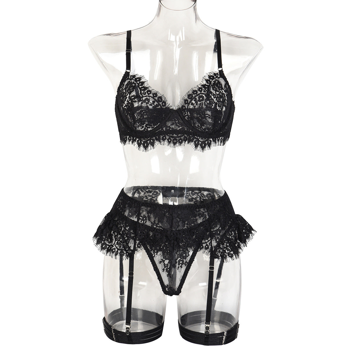 Style Sexy Lingerie Set with Complex Design, Lace Trim and Eyelash Straps Four-Piece Suit