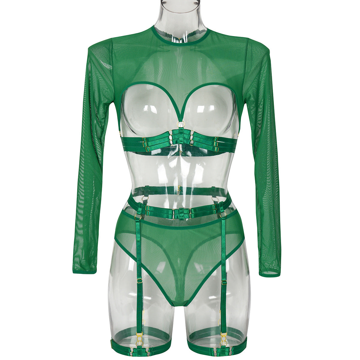 Sheer Mesh Patchwork Strap Heavy Craft Complex Three-Piece Lingerie Set