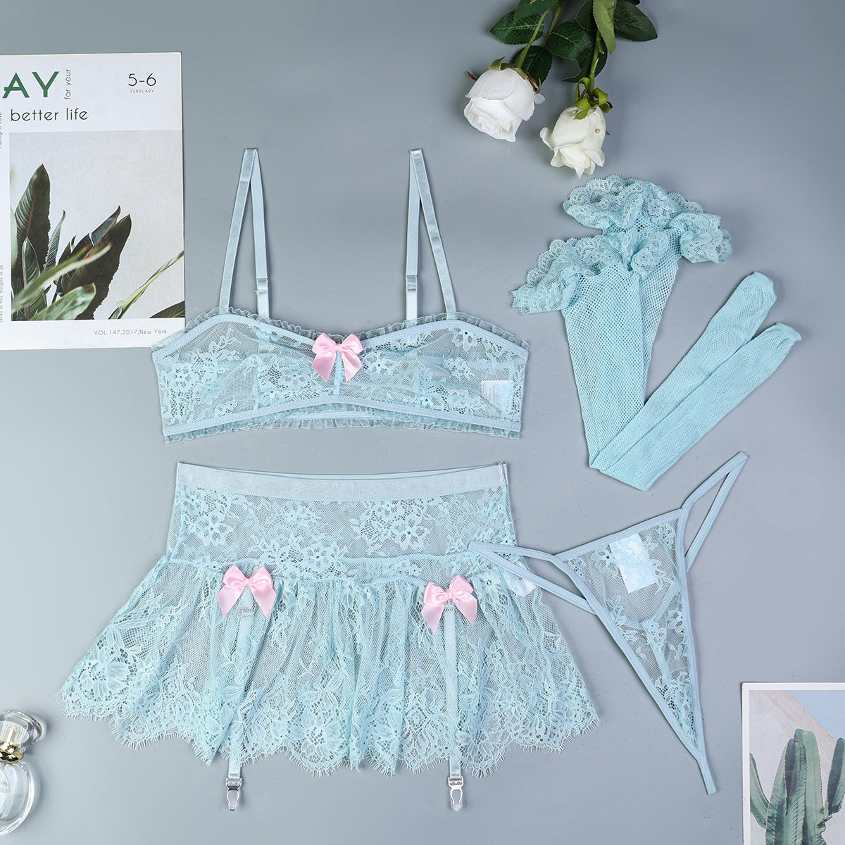 Lace Non-Wired Soft High-Quality Sexy Lingerie Four-Piece Set Pink Cute