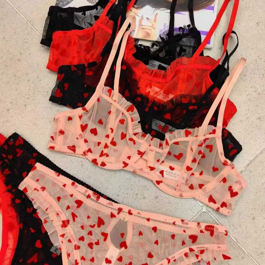 Sexy Lingerie Lace Underwear Ultra-thin Transparent Heart-shaped Print Women's Underwear Set Large Chest Minimizer Bra
