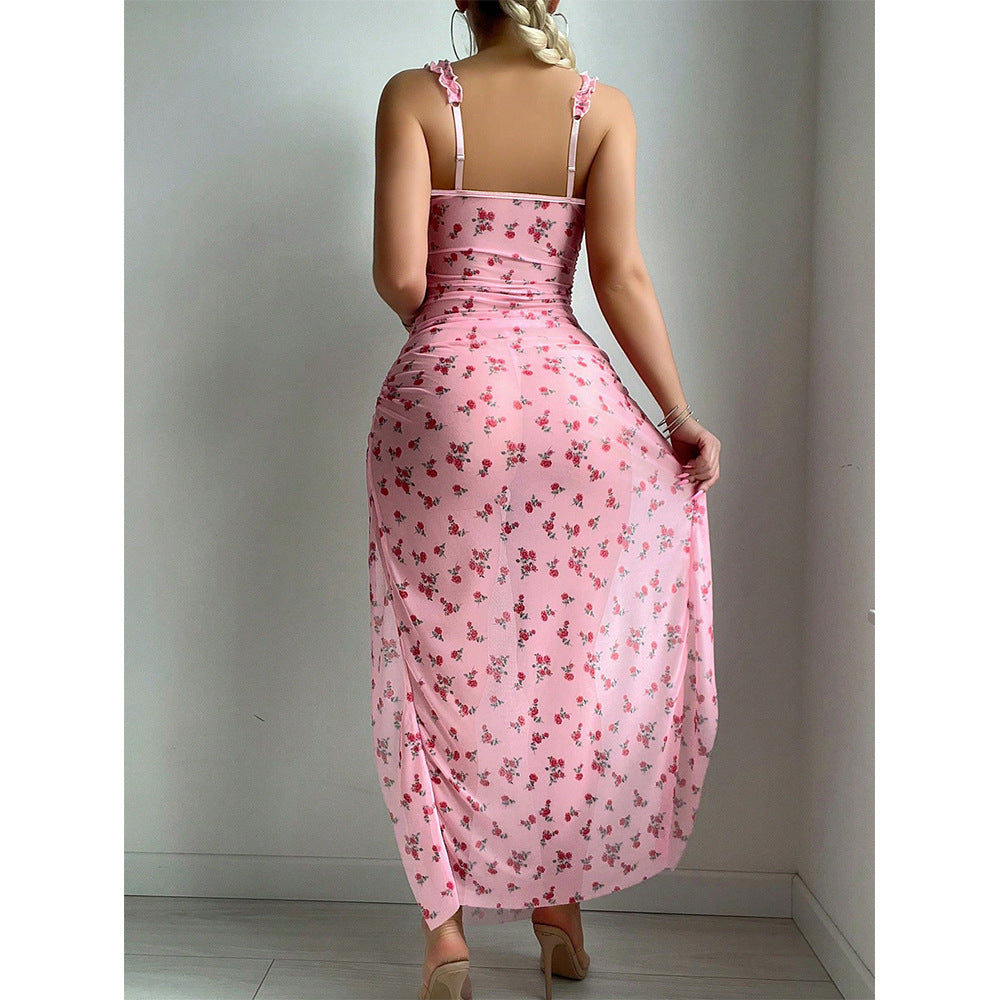 Sexy Lingerie Pink Valentine's Day Long Dress and Thong Two-Piece Set Uniform Temptation for Women