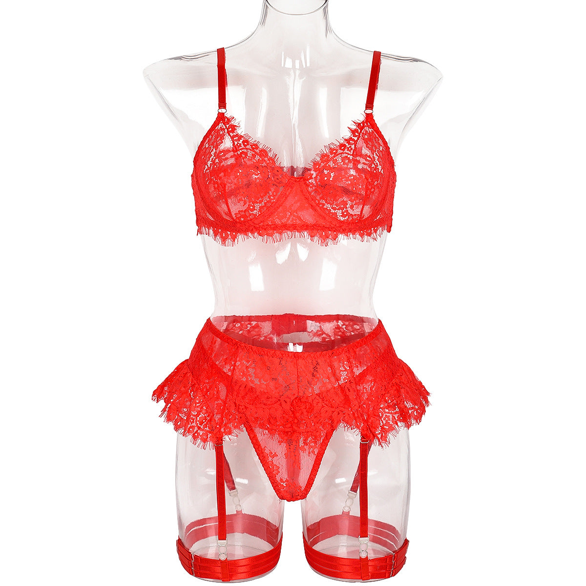 Style Sexy Lingerie Set with Complex Design, Lace Trim and Eyelash Straps Four-Piece Suit