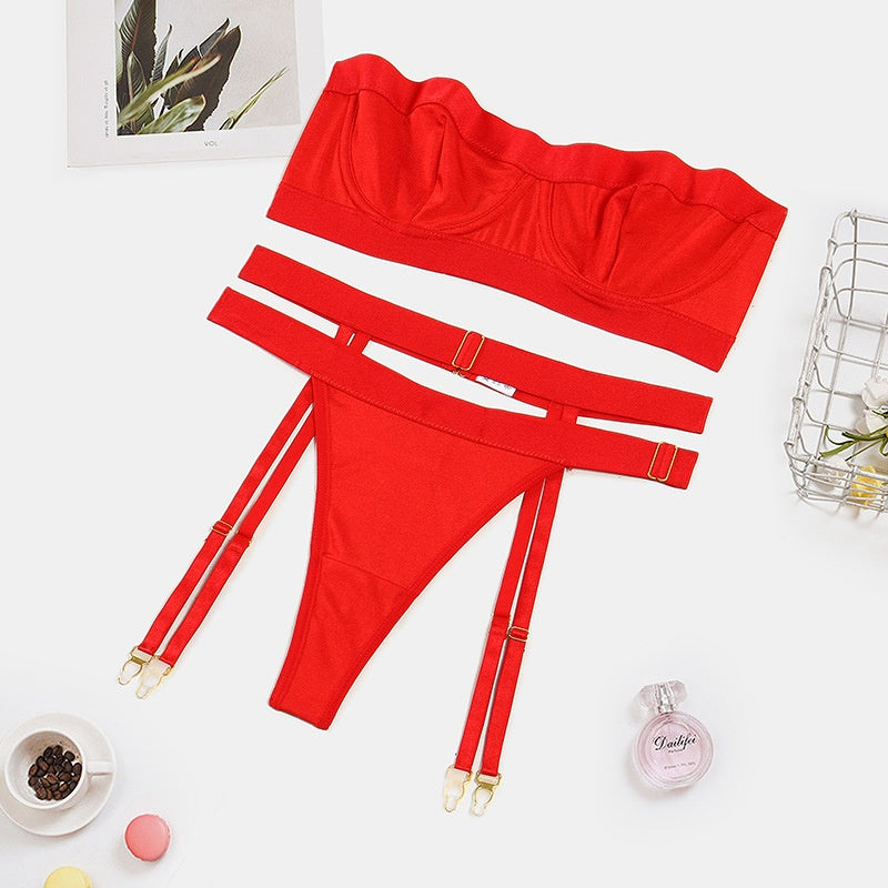 Sexy solid color zipper strapless waist closure lingerie three piece set