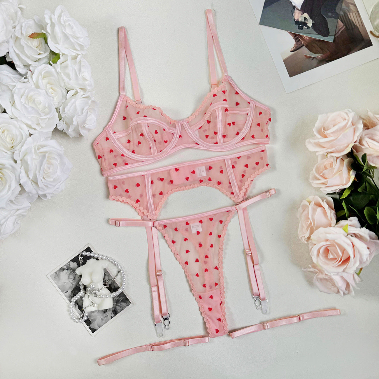 Flocked Heart 3-Piece Sexy Women's Lingerie Garter Belt Cute Girl Set