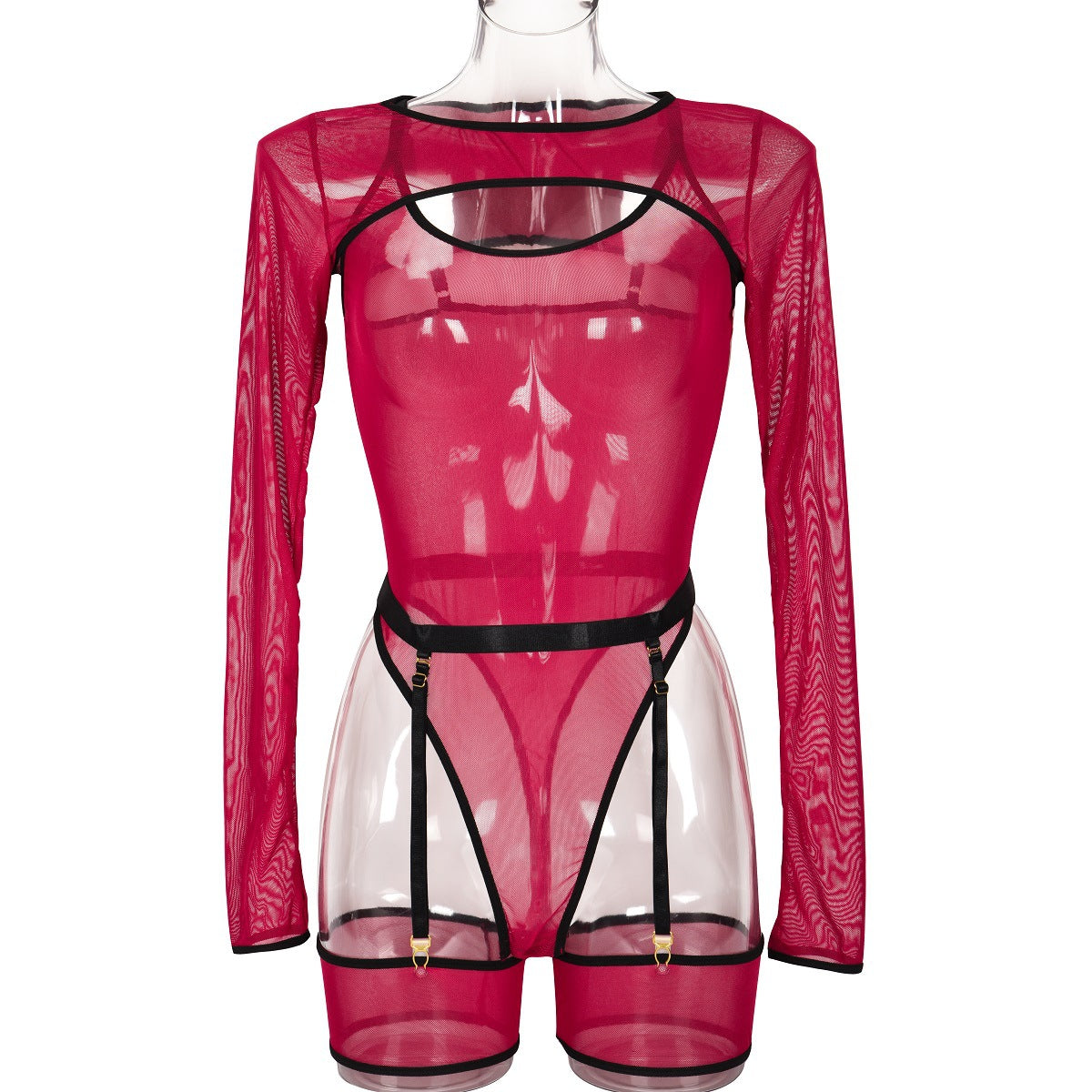 Elastic Mesh See-Through Color Block Outerwear Long Sleeve with Strap Jumpsuit Lingerie Three-Piece Set