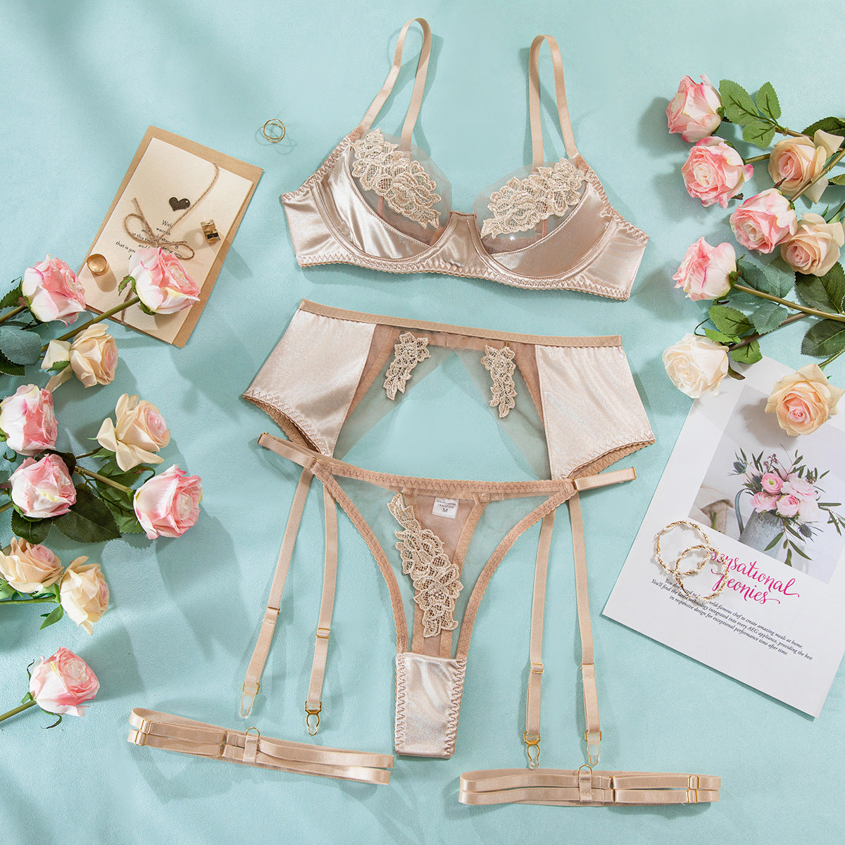 Sexy Style Red Lingerie Set with Mesh Splicing, Embroidered Floral Bra and Garter Belt