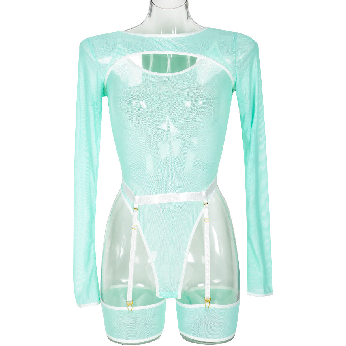 Elastic Mesh See-Through Color Block Outerwear Long Sleeve with Strap Jumpsuit Lingerie Three-Piece Set
