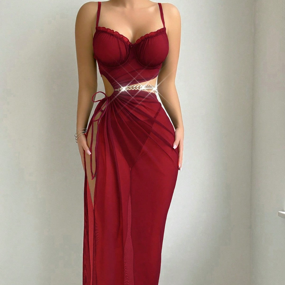 Summer new red hanging neck and exposed navel top paired with slit skirt sexy lingerie for women
