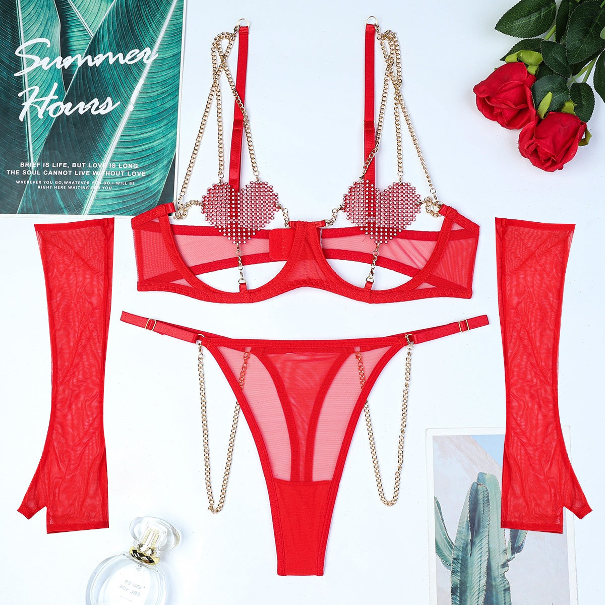 Christmas Red Heart Crystal Spliced Metal Chain Hollow Sexy Lingerie Four-Piece Set