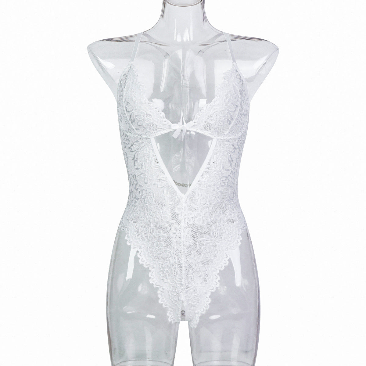Backless Pearl Strip Thigh-High Bodysuit White Lace Sexy Strap Lingerie Muxi
