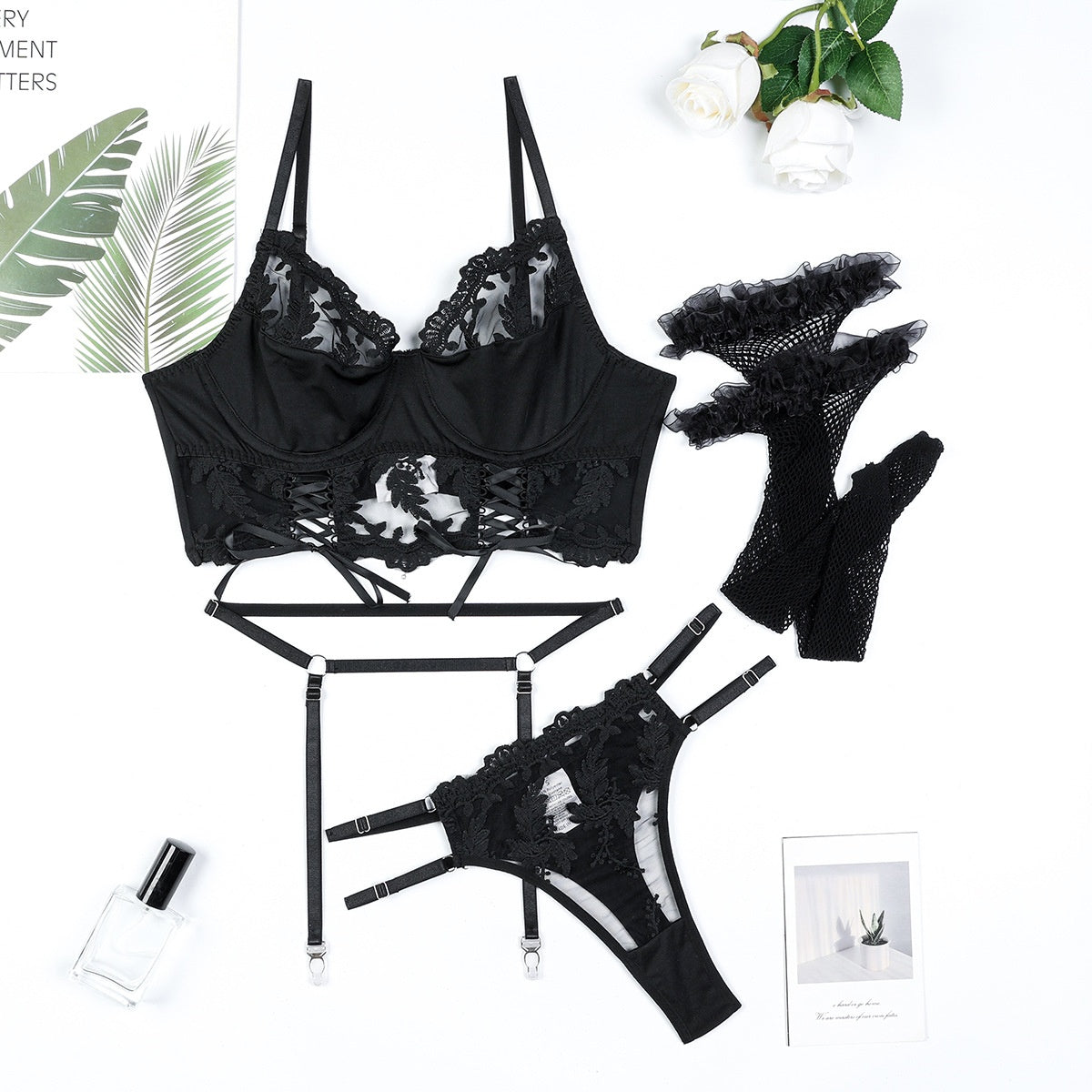 Water-Soluble Flower Embroidery Pure Color Splicing Design Strap Waist-Cinching Three-Piece Set Seductive Lingerie