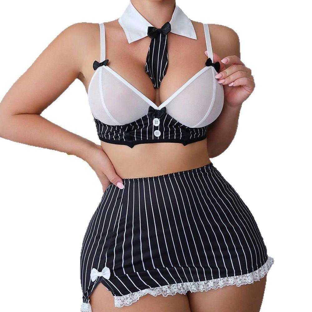 Trade Sexy Lingerie Set Lace Bra Striped Mini Skirt Thong Bow Tie Four-piece Set