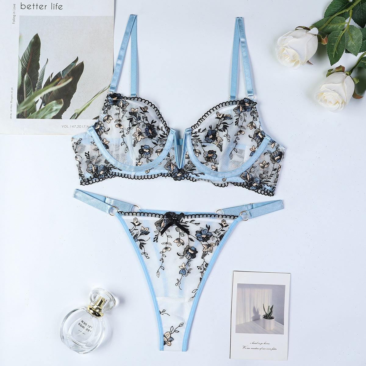 Women's High-Quality Sexy Lingerie Set with Exquisite Embroidered Flowers and Metal Deep V-Neck Two-Piece Set
