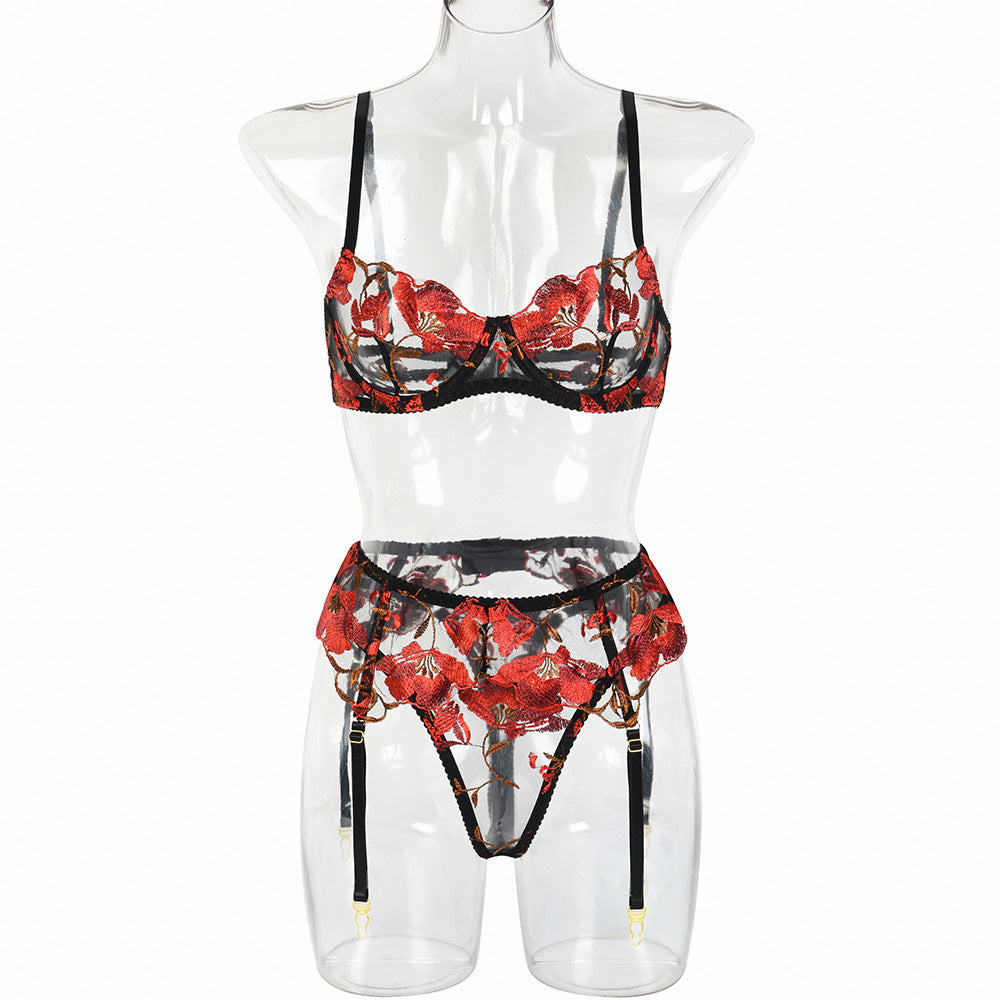 Style Lingerie Red Embroidered Flower Three-Piece Set