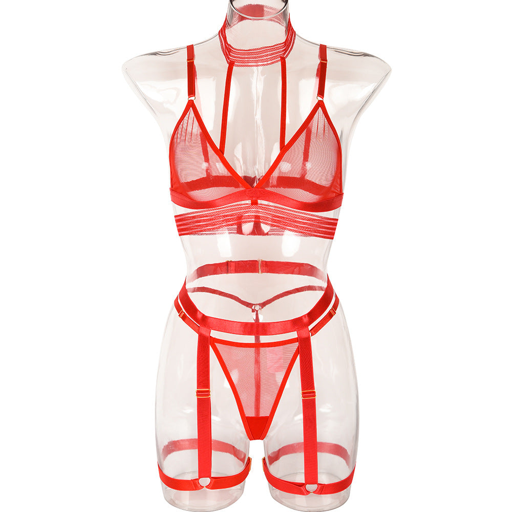 Ins Transparent Comfortable Halter Erotic Lingerie Three-Piece Set