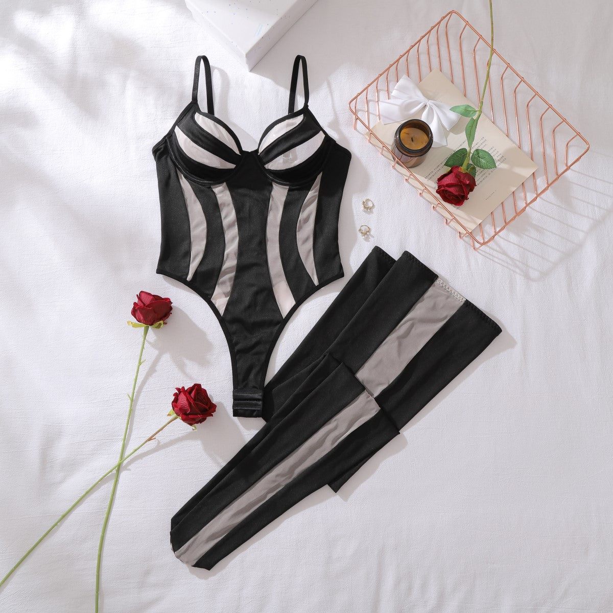 Mesh see through jumpsuit sexy lingerie split set with stockings