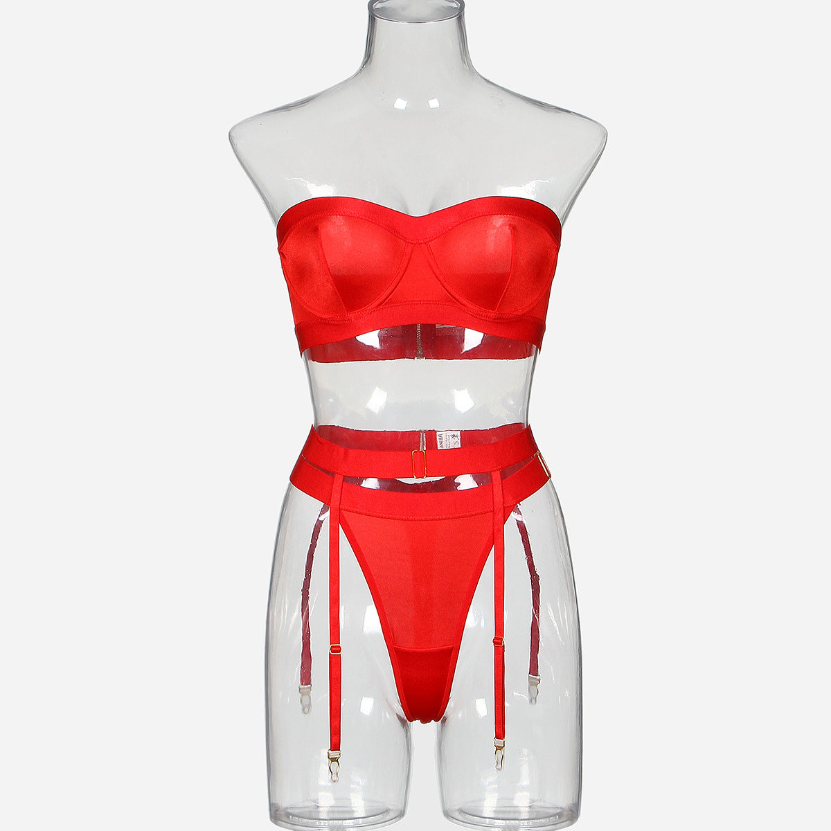 Sexy solid color zipper strapless waist closure lingerie three piece set