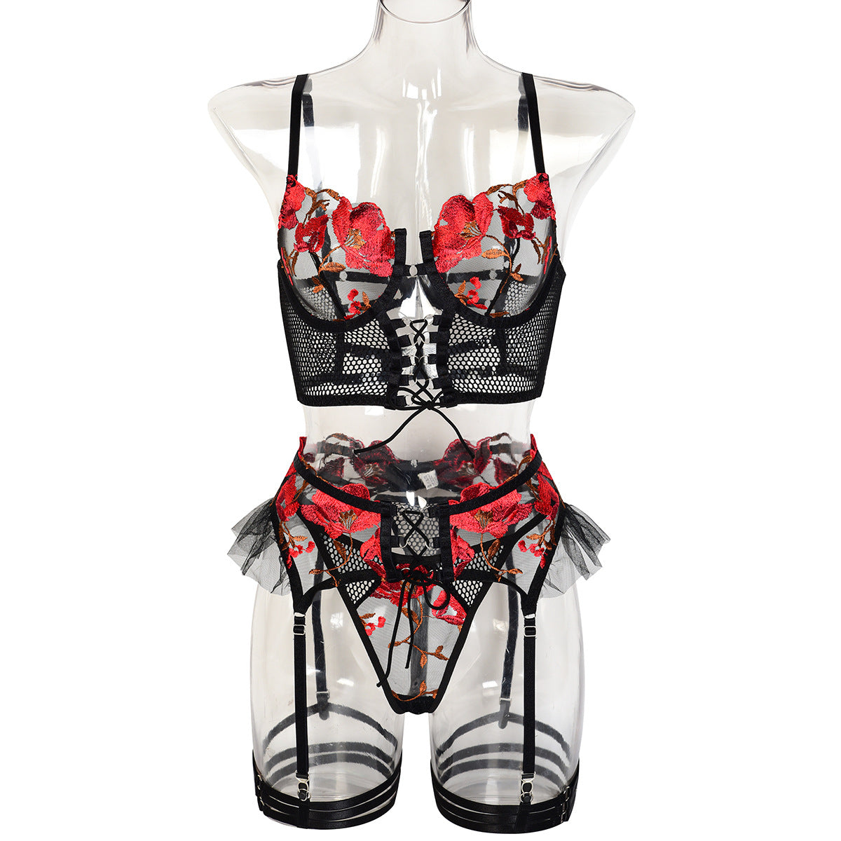 Women's Sexy Lingerie Embroidered Flower Strappy Cross Hollow Mesh Four-Piece Set