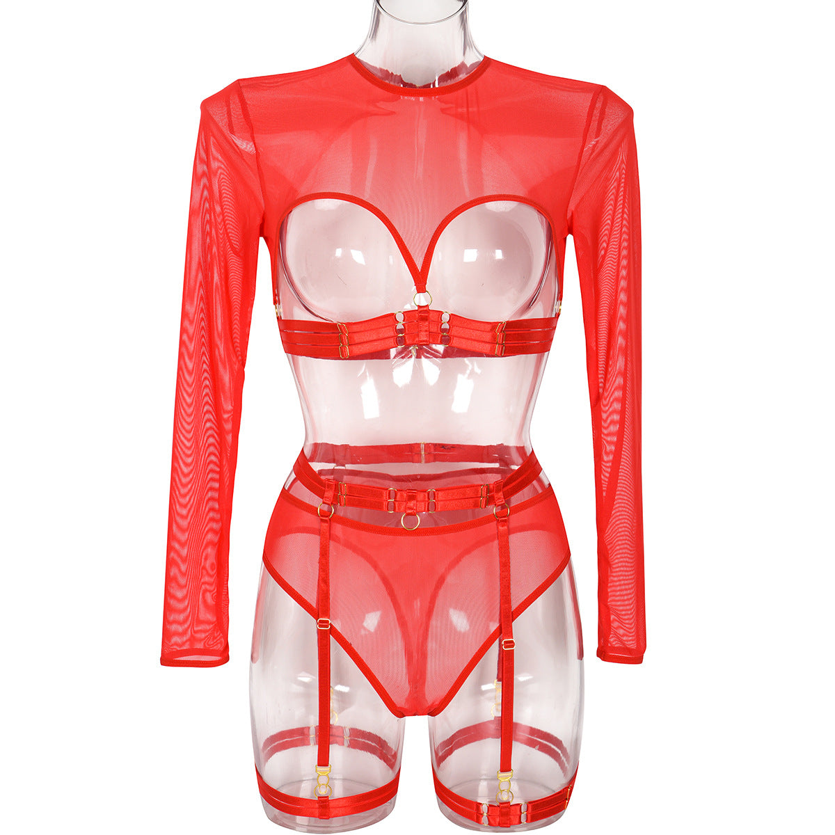 Sheer Mesh Patchwork Strap Heavy Craft Complex Three-Piece Lingerie Set