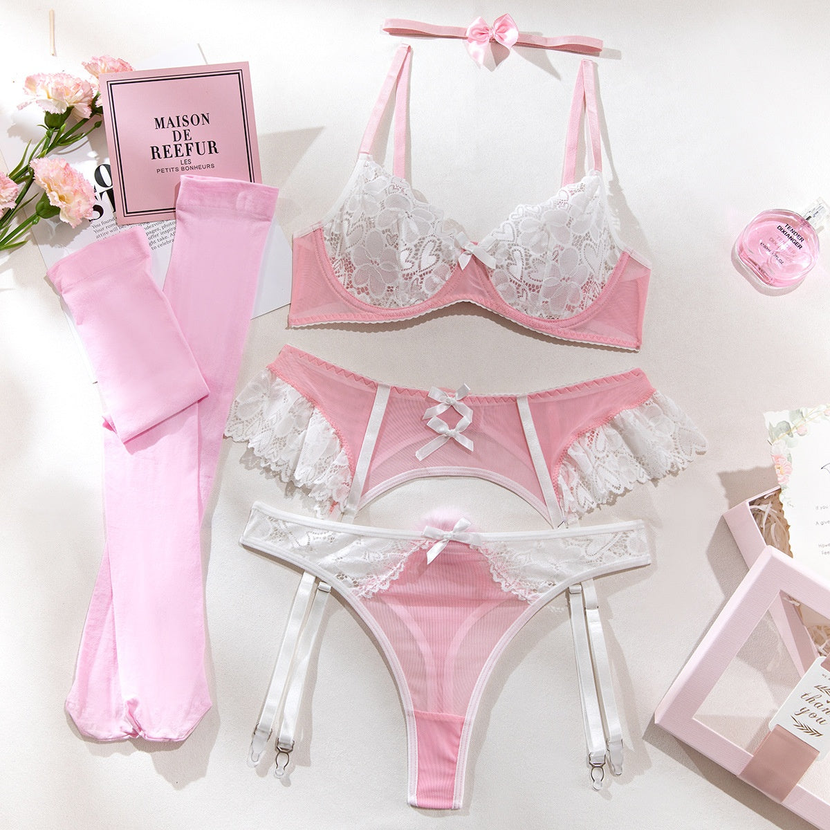 Sexy Lingerie Set - Lace and Mesh Splicing Nurse Costume Erotic Underwear Five-Piece Set