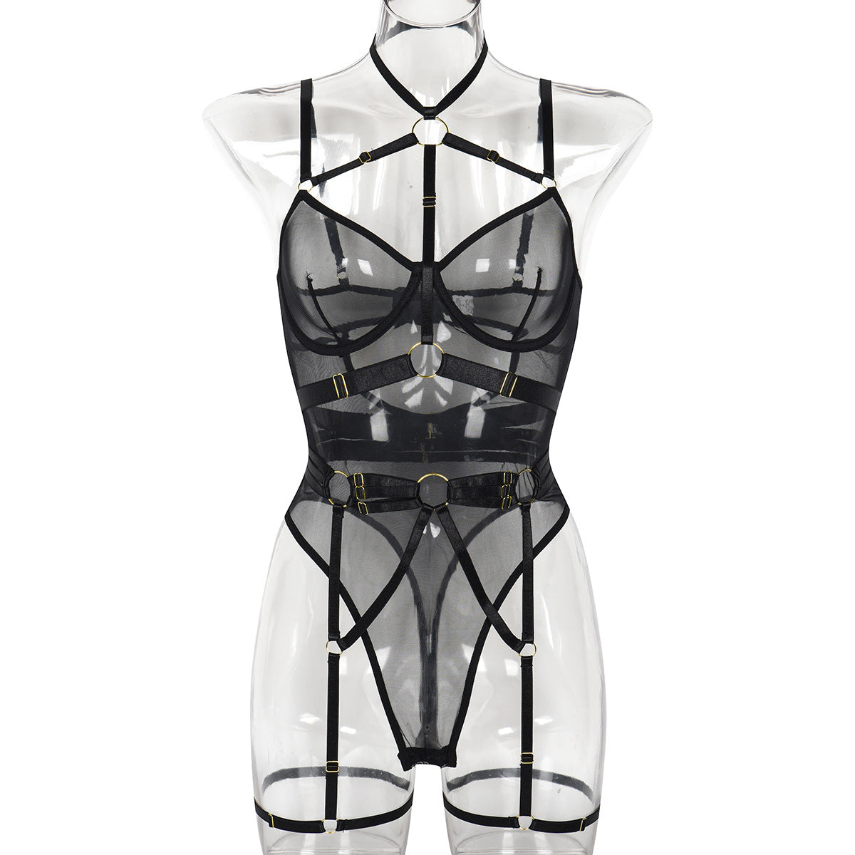 Cross-border New Leopard Print Sheer Mesh Bandage Lingerie with Steel Ring Sexy Shapewear Bodysuit