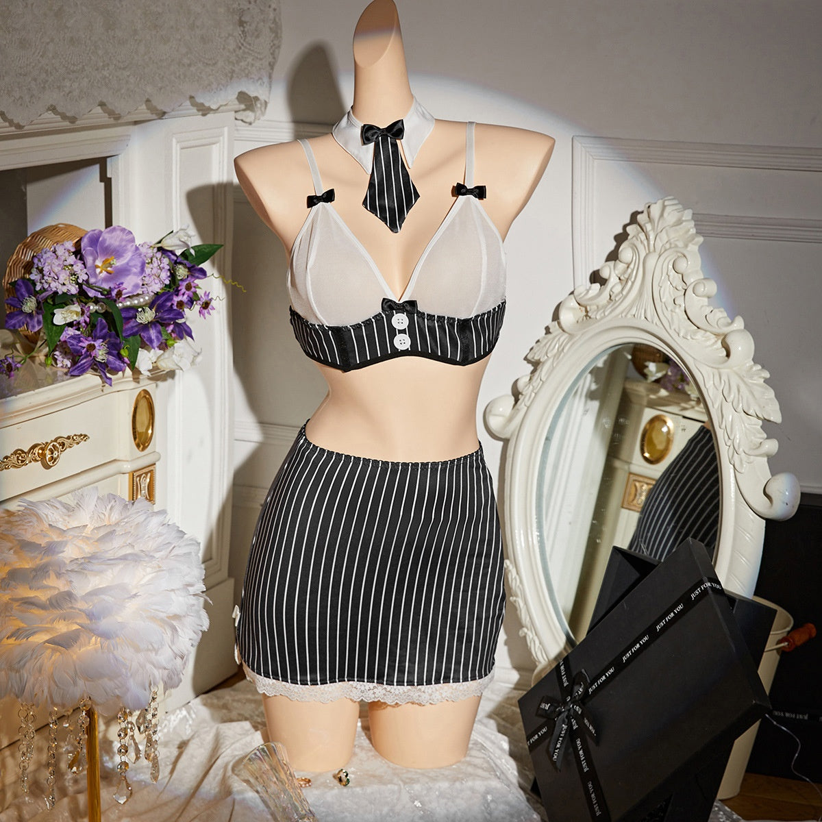 Trade Sexy Lingerie Set Lace Bra Striped Mini Skirt Thong Bow Tie Four-piece Set