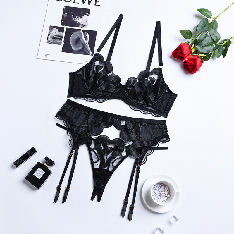 Lace mesh embroidery sexy lingerie gathering straps three piece set shaping body