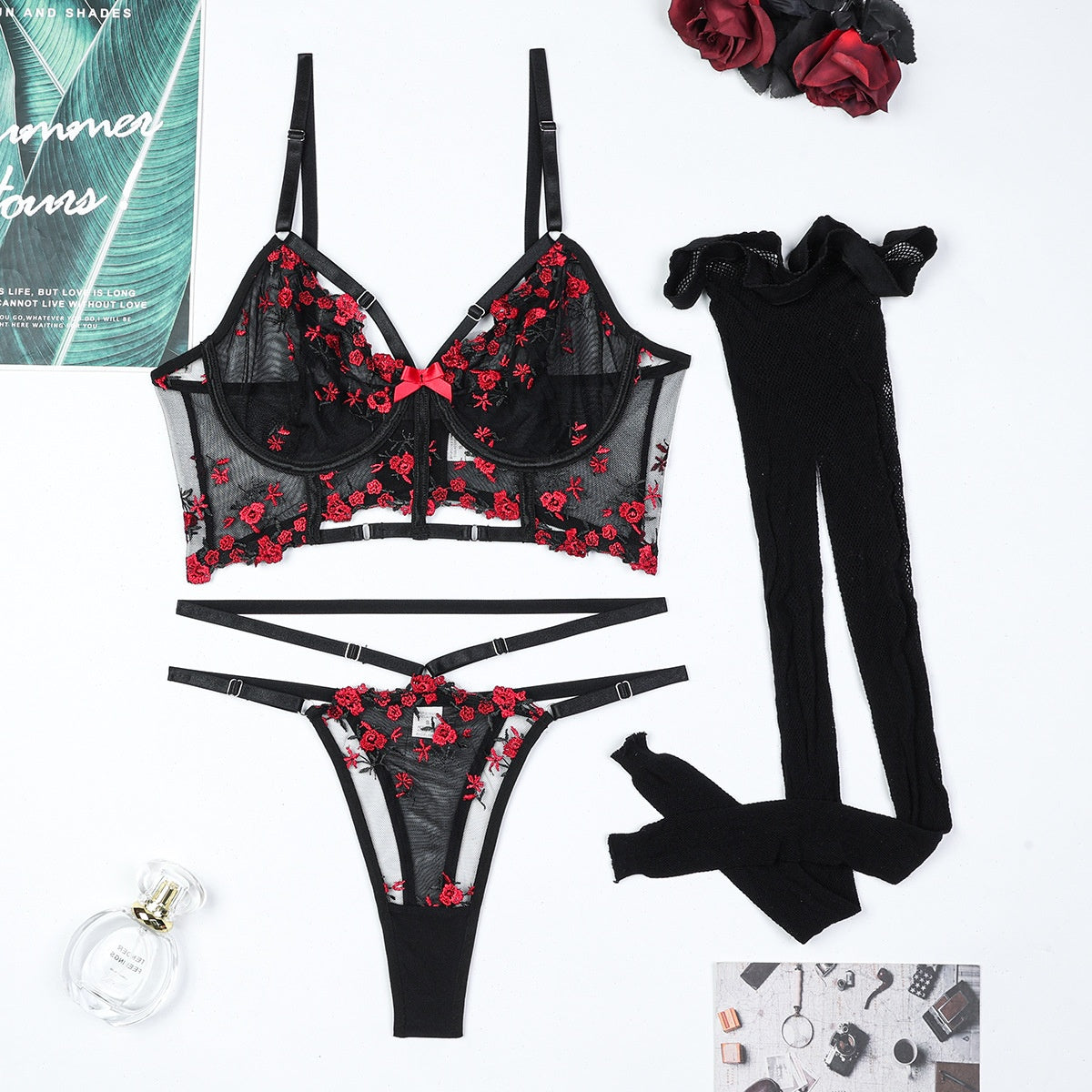 Delicate Small Floral Hollow Design Complex Three-Piece Silk Stocking Sexy Lingerie Set
