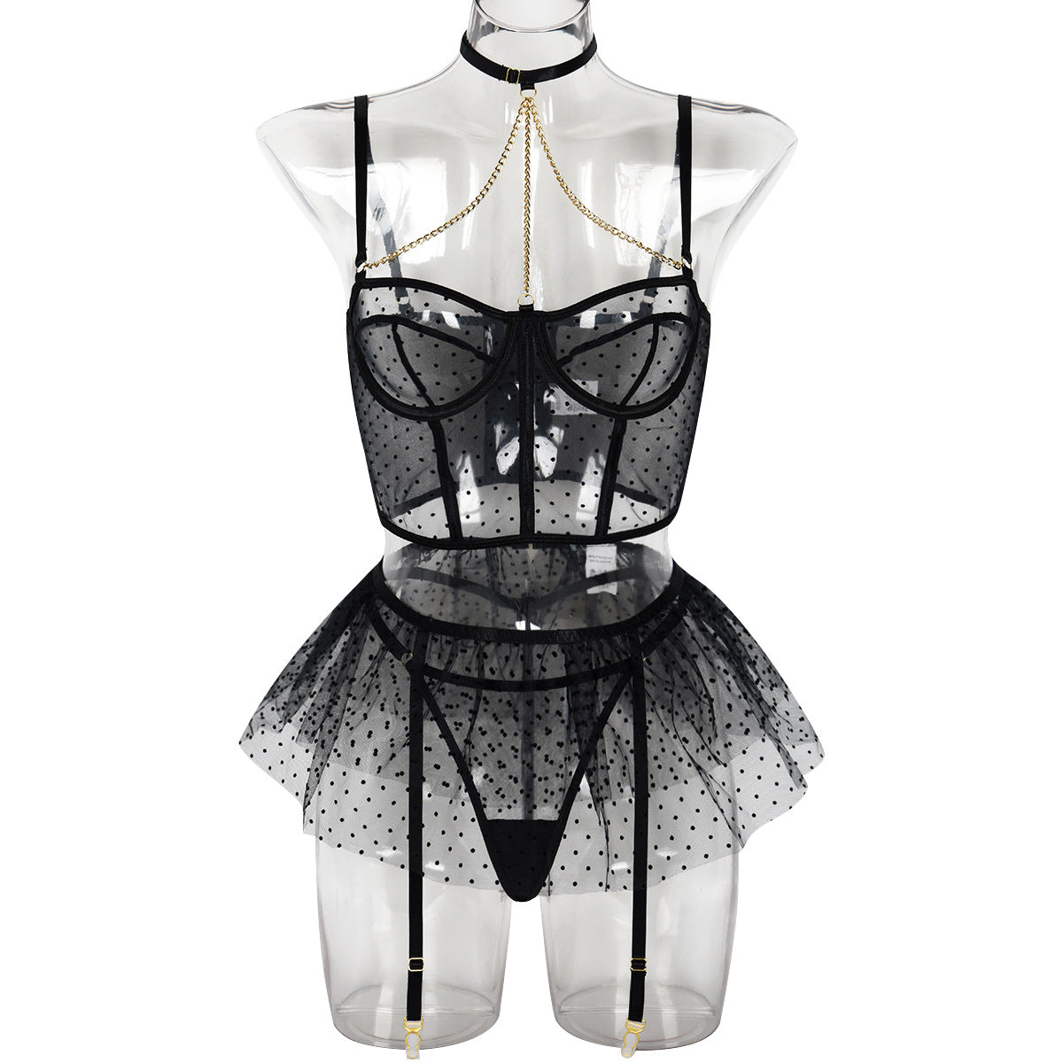 European and American Cross-border E-commerce Polka Dot Lingerie Three-piece Set Close-fitting Sexy Chain with Steel Ring Transparent Women's Underwear