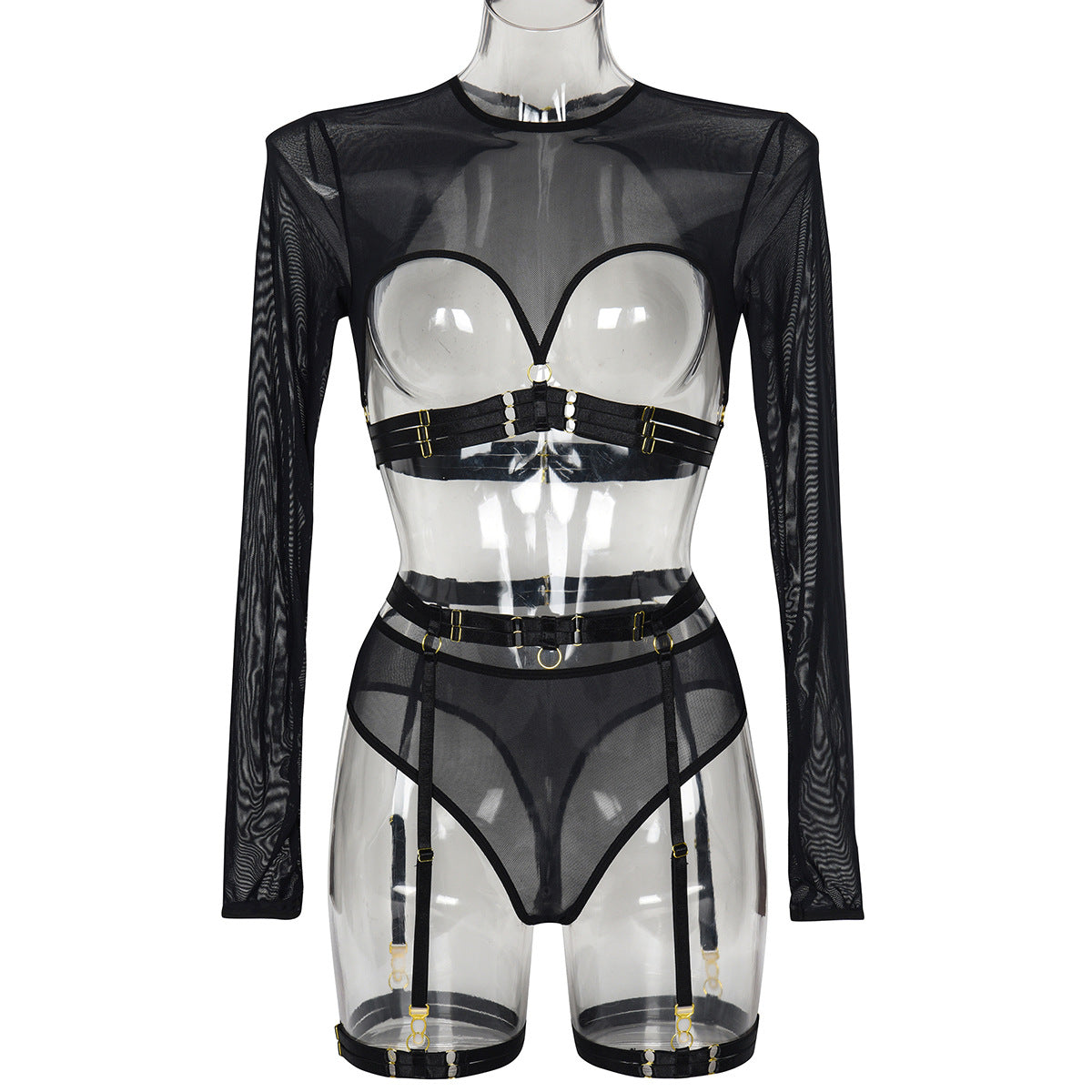 Sheer Mesh Patchwork Strap Heavy Craft Complex Three-Piece Lingerie Set