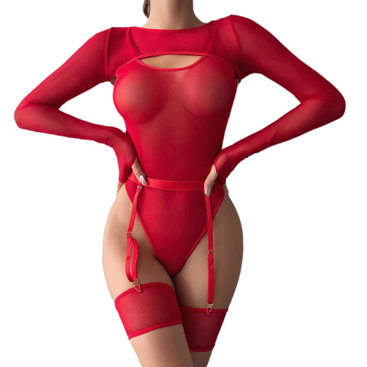 Elastic Mesh See-Through Color Block Outerwear Long Sleeve with Strap Jumpsuit Lingerie Three-Piece Set