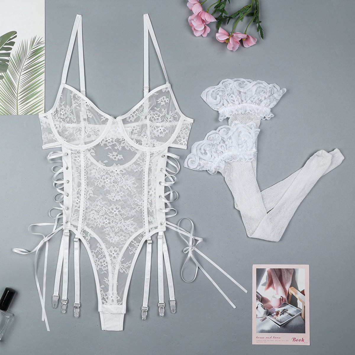 White Lightweight Lace Cross-Tie Hollow Ribbon Adjustable Sexy Lingerie European and American Bodysuit