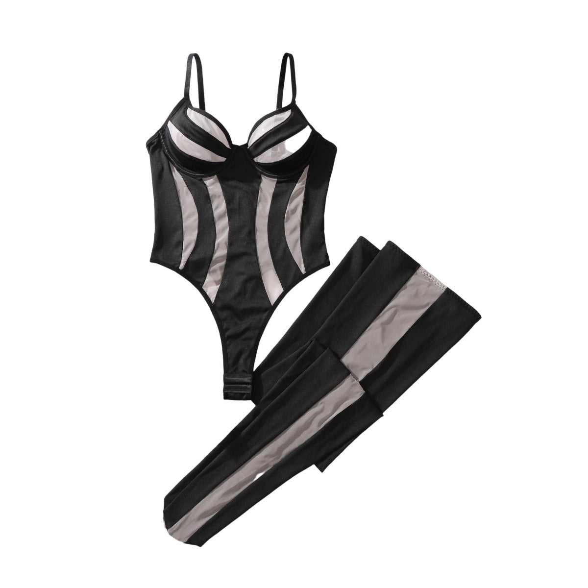 Mesh see through jumpsuit sexy lingerie split set with stockings