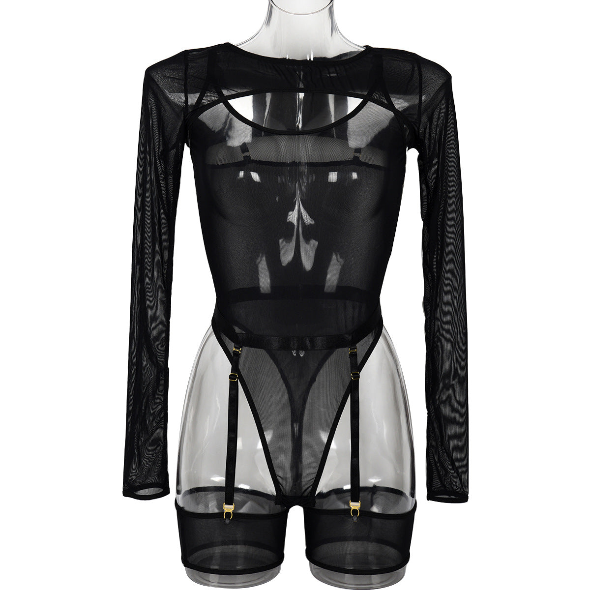 Elastic Mesh See-Through Color Block Outerwear Long Sleeve with Strap Jumpsuit Lingerie Three-Piece Set