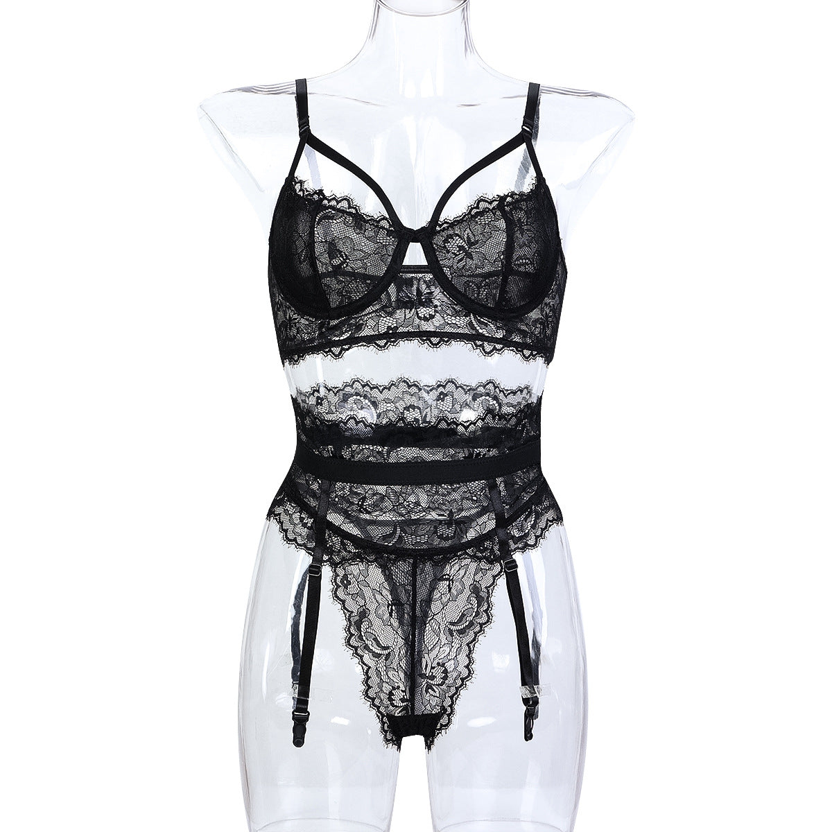 Lingerie Sexy Lace Sheer Three-Piece Set Black Transparent Underwear