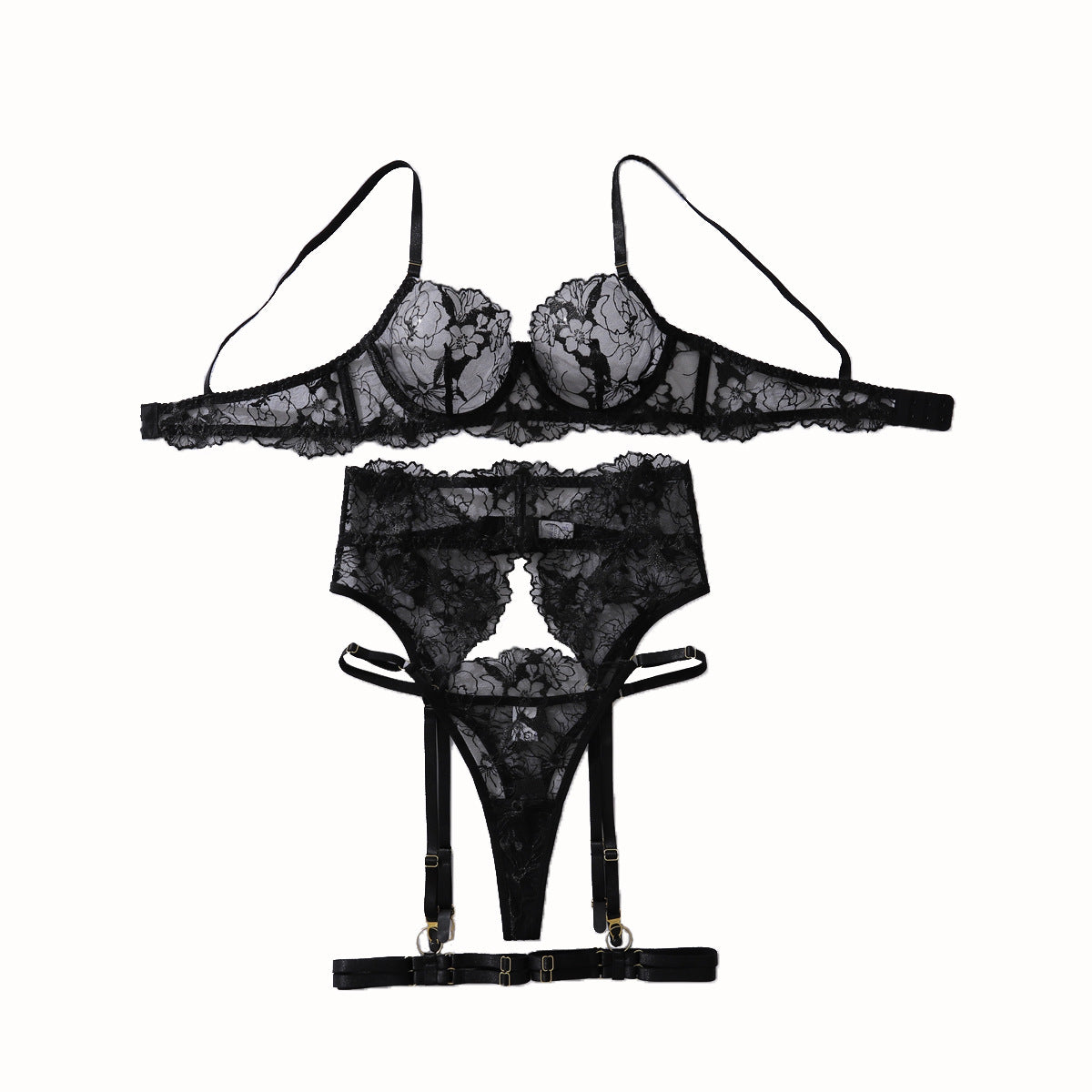 Embroidered lace perspective gathering slimming and shaping sexy lingerie set with steel ring