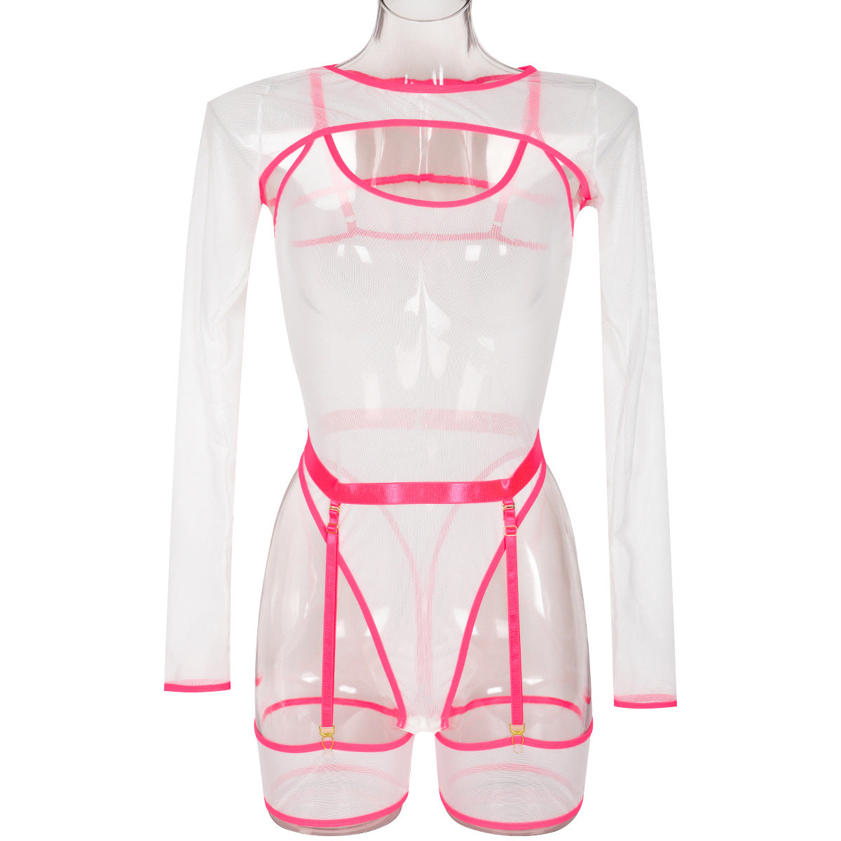 Elastic Mesh See-Through Color Block Outerwear Long Sleeve with Strap Jumpsuit Lingerie Three-Piece Set