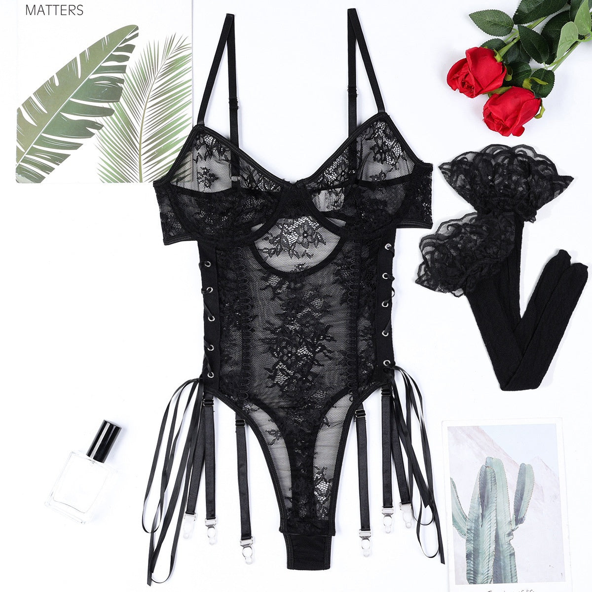 White Lightweight Lace Cross-Tie Hollow Ribbon Adjustable Sexy Lingerie European and American Bodysuit