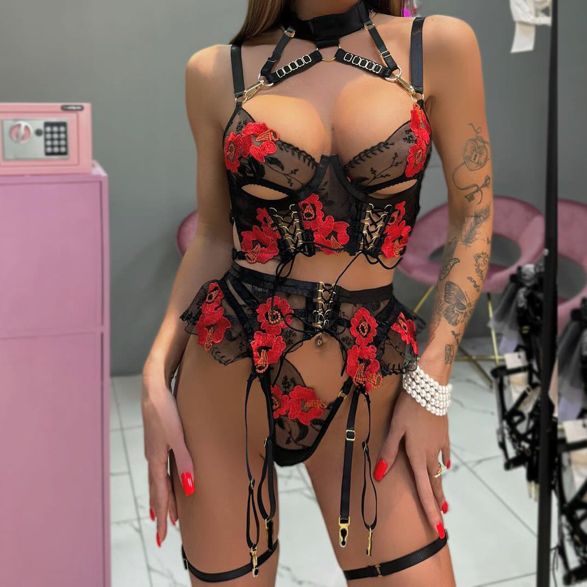 Sexy lingerie embroidery flower tie cross hollow perspective five piece set