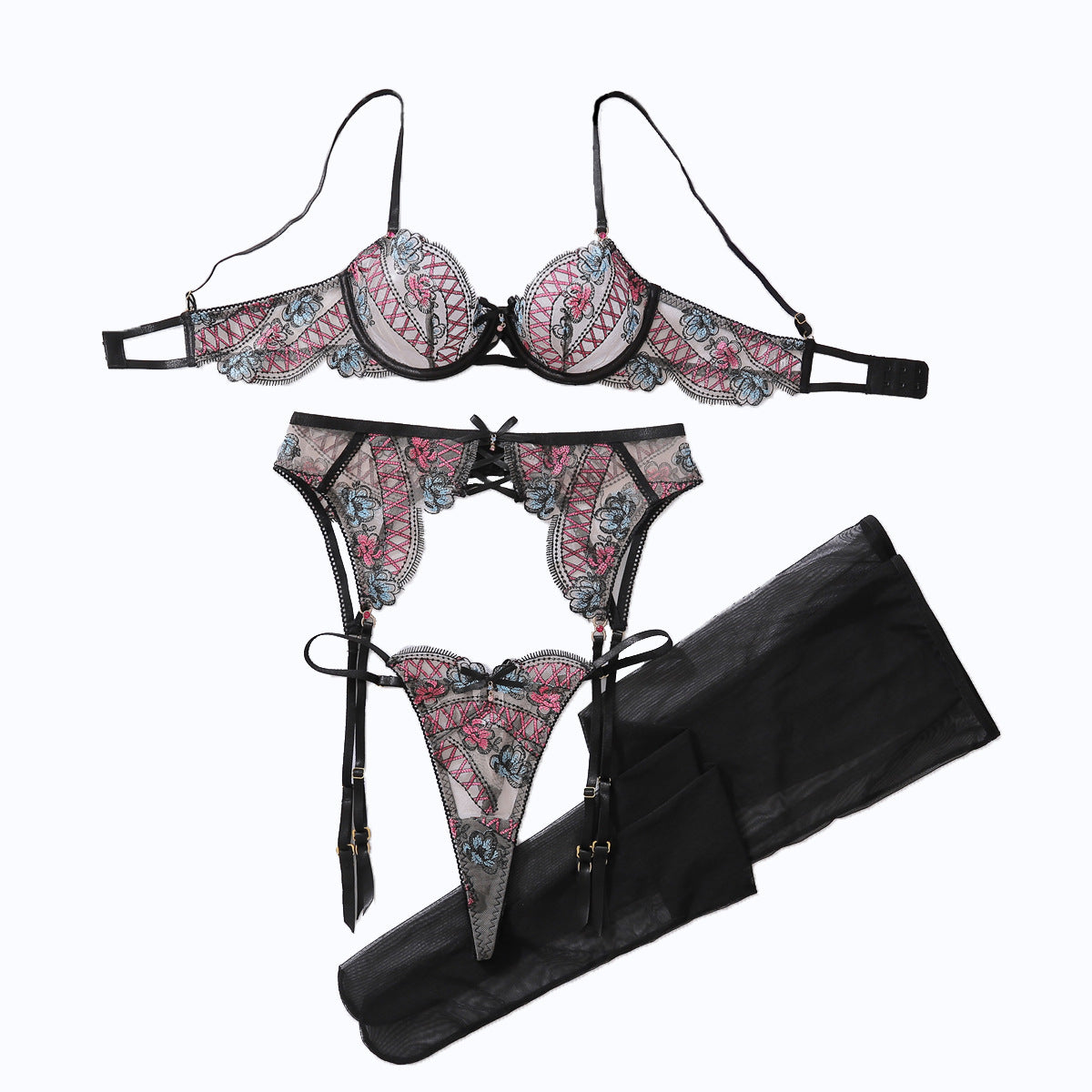 Color blocked floral embroidery pure desire perspective shaping sexy lingerie split set