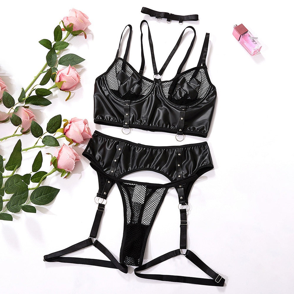 Sexy and Tempting Plus Size Lingerie Set with PU Leather and Fishnet Sheer Design for Passionate Uniforms