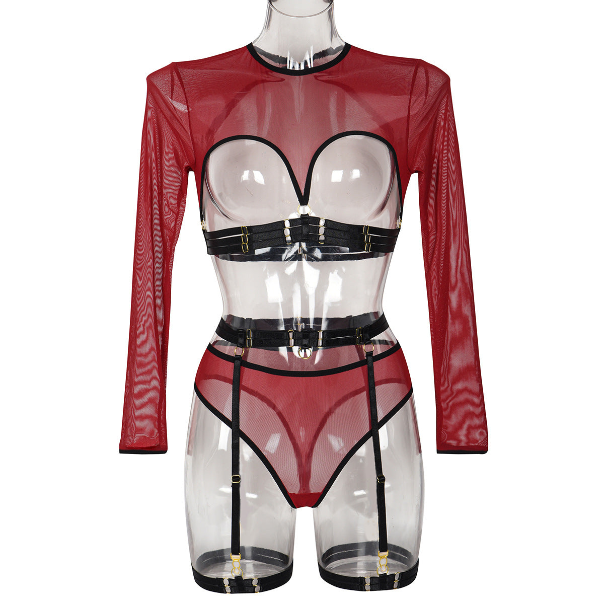 Sheer Mesh Patchwork Strap Heavy Craft Complex Three-Piece Lingerie Set