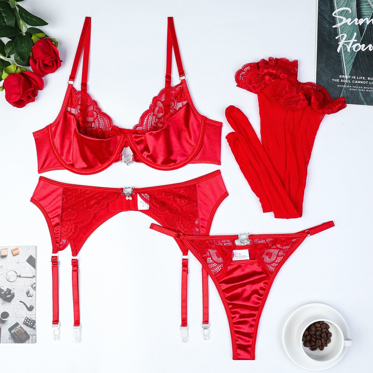 Christmas Valentine's Day Red New Year Gift Lace Splicing Pendant Sexy Lingerie Four-Piece Set