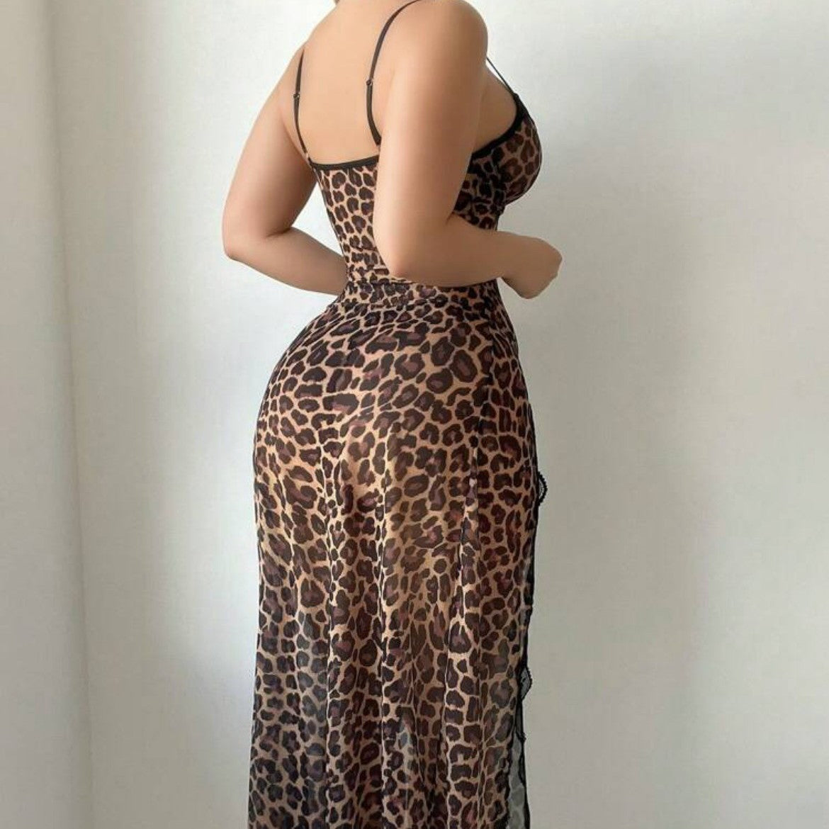 Sexy Transparent Leopard Print Nightgown and Lingerie Set