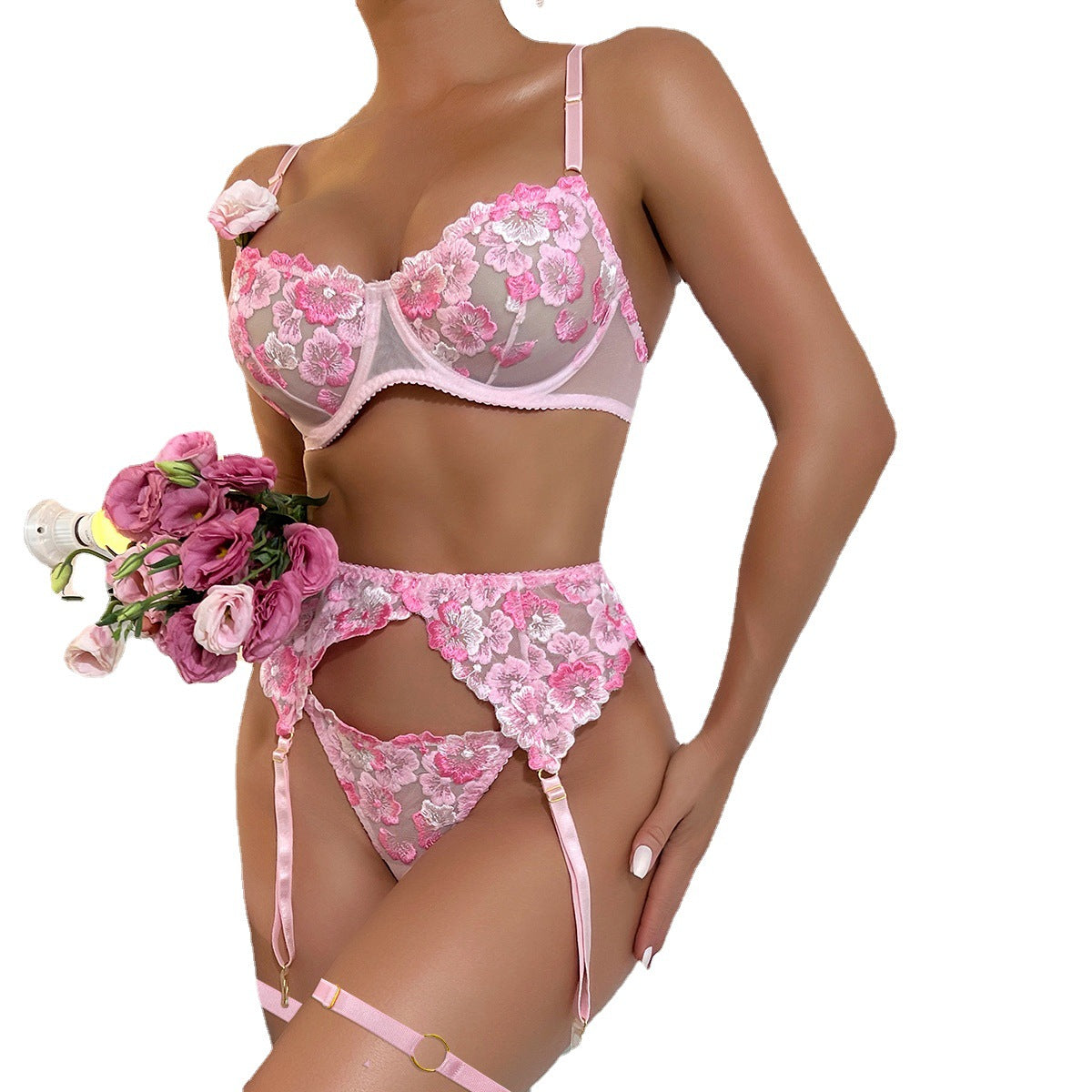 High-Quality Heavy Embroidery Floral Sheer Erotic Three-Piece Set Erotic Lingerie